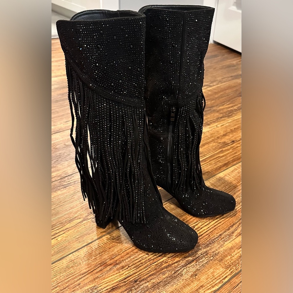 Black Fringe Knee-High Boots with Rhinestones, Size 7, NWOT. Brand is Forever